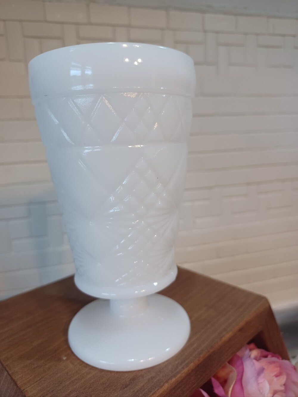 Vintage Milk Glass Footed Pedestral Goblet Collectible Collection Diamond
